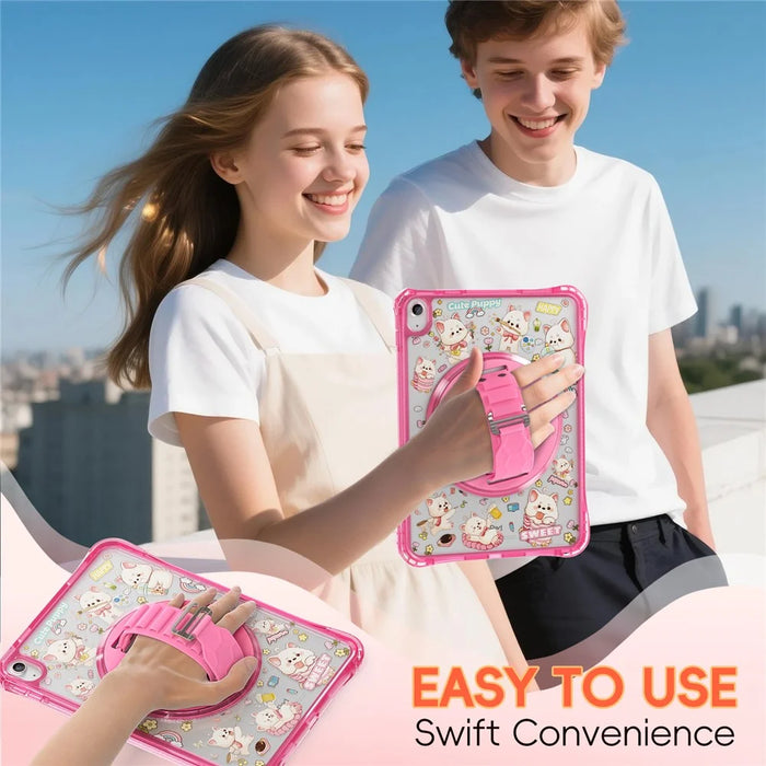 For iPad (2025)  /  10.9 (2022) Case Kickstand Hand Strap Imprint PC TPU Acrylic Cover with Shoulder Strap - Pink - 5