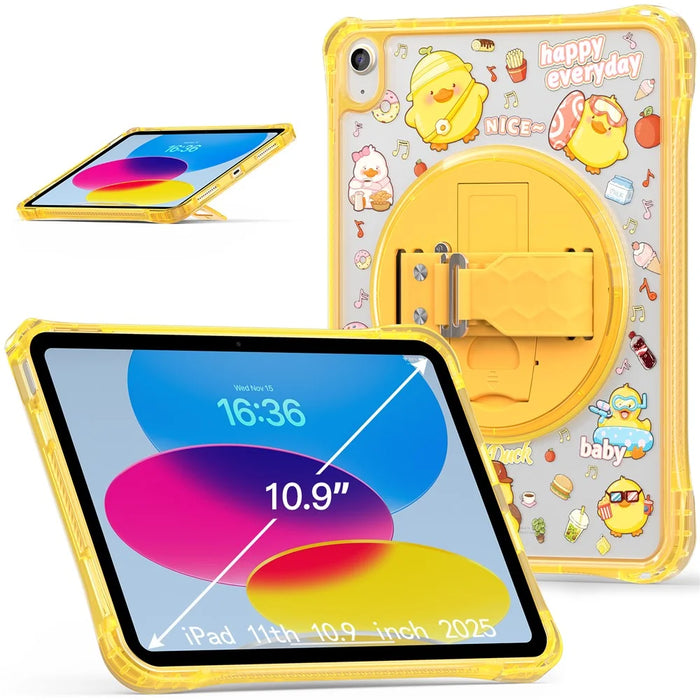 For iPad (2025)  /  10.9 (2022) Case Kickstand Hand Strap Imprint PC + TPU + Acrylic Tablet Cover - Yellow - 2