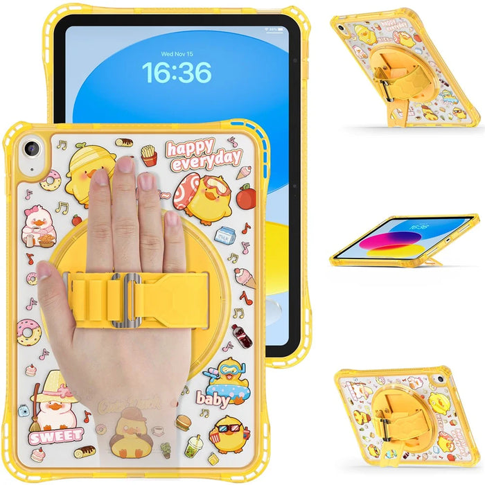 For iPad (2025)  /  10.9 (2022) Case Kickstand Hand Strap Imprint PC + TPU + Acrylic Tablet Cover - Yellow - 3