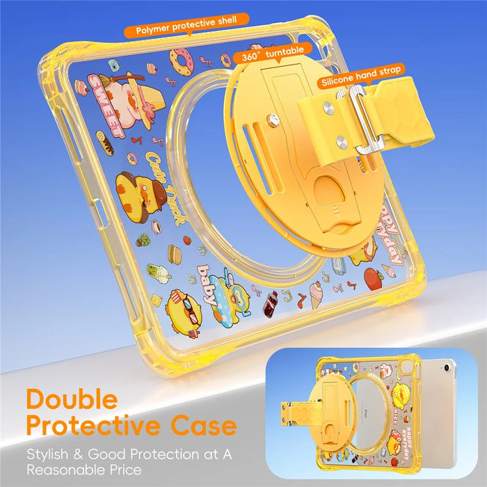 For iPad (2025)  /  10.9 (2022) Case Kickstand Hand Strap Imprint PC + TPU + Acrylic Tablet Cover - Yellow - 6