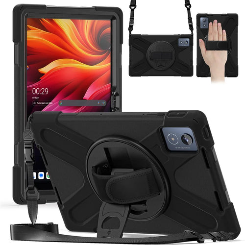 For Lenovo Tab K11 Plus / Zhaoyang K11 B352FU, TB230XC Kickstand Case TPU PC Silicone Tablet Cover with Shoulder Strap - Black - 1