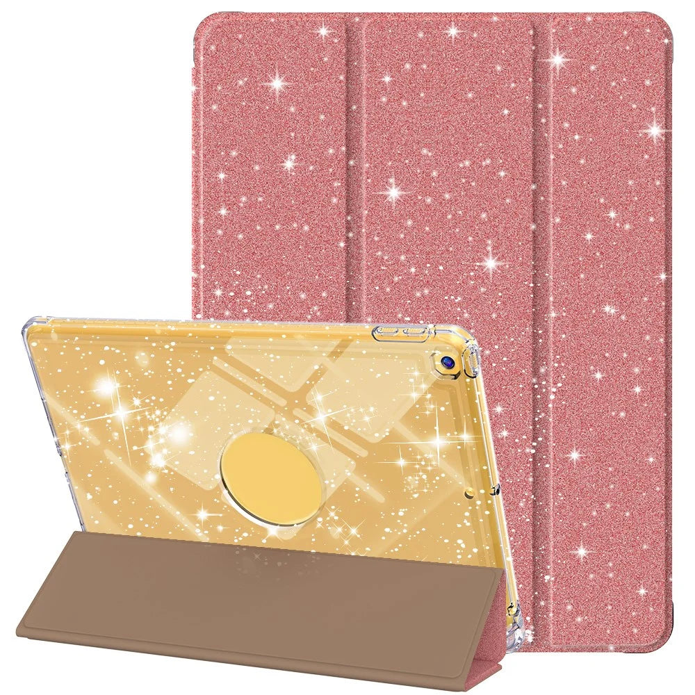 For iPad 10.2 (2021) / (2019) / (2020) Case with Pencil Slot Tri-Fold Stand Glitter Protective Tablet Cover - Rose Gold - 1
