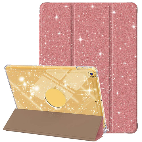 For iPad 10.2 (2021) / (2019) / (2020) Case with Pencil Slot Tri-Fold Stand Glitter Protective Tablet Cover - Rose Gold - 1
