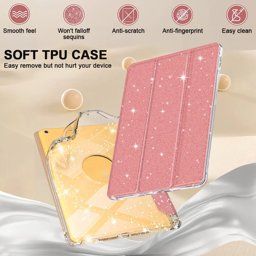 For iPad 10.2 (2021) / (2019) / (2020) Case with Pencil Slot Tri-Fold Stand Glitter Protective Tablet Cover - Rose Gold - 2