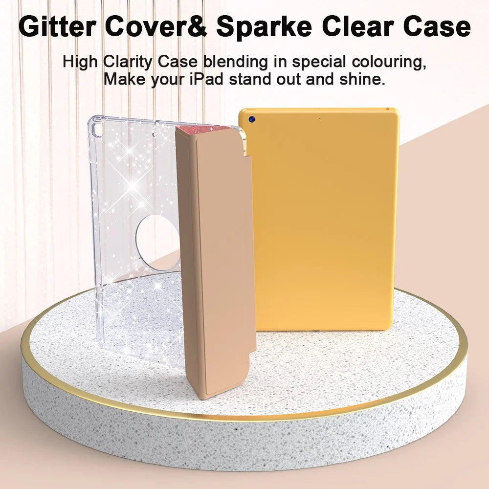 For iPad 10.2 (2021) / (2019) / (2020) Case with Pencil Slot Tri-Fold Stand Glitter Protective Tablet Cover - Rose Gold - 3