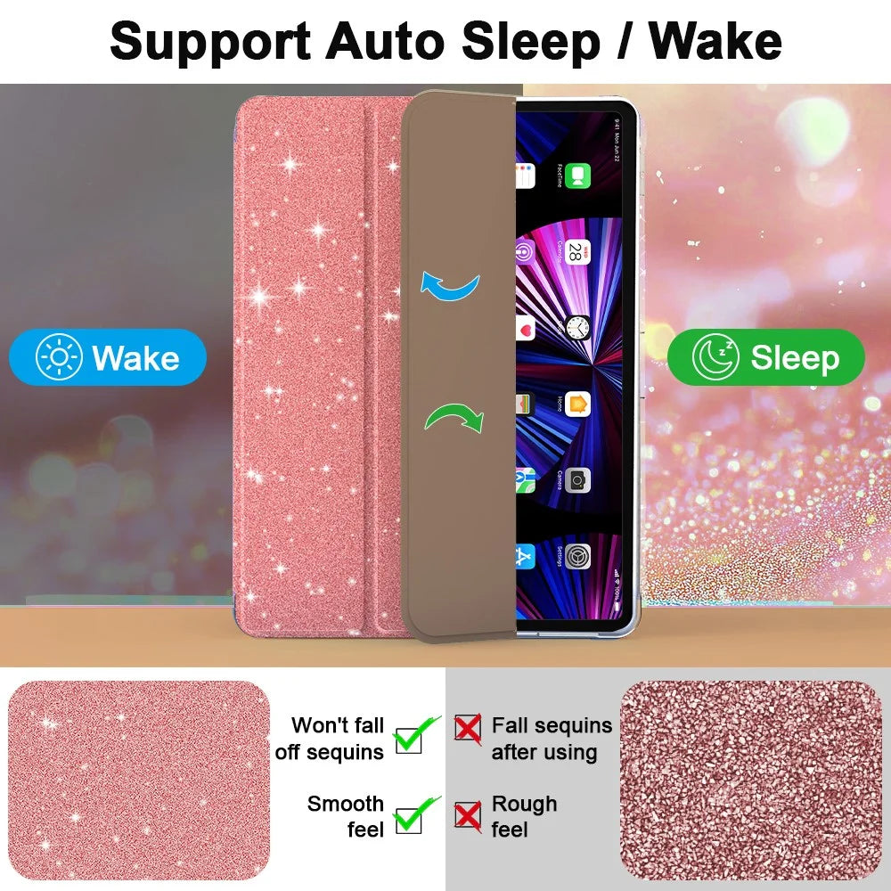 For iPad 10.2 (2021) / (2019) / (2020) Case with Pencil Slot Tri-Fold Stand Glitter Protective Tablet Cover - Rose Gold - 4