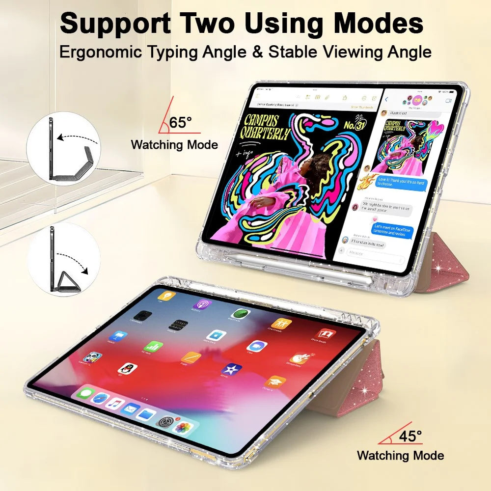 For iPad 10.2 (2021) / (2019) / (2020) Case with Pencil Slot Tri-Fold Stand Glitter Protective Tablet Cover - Rose Gold - 5