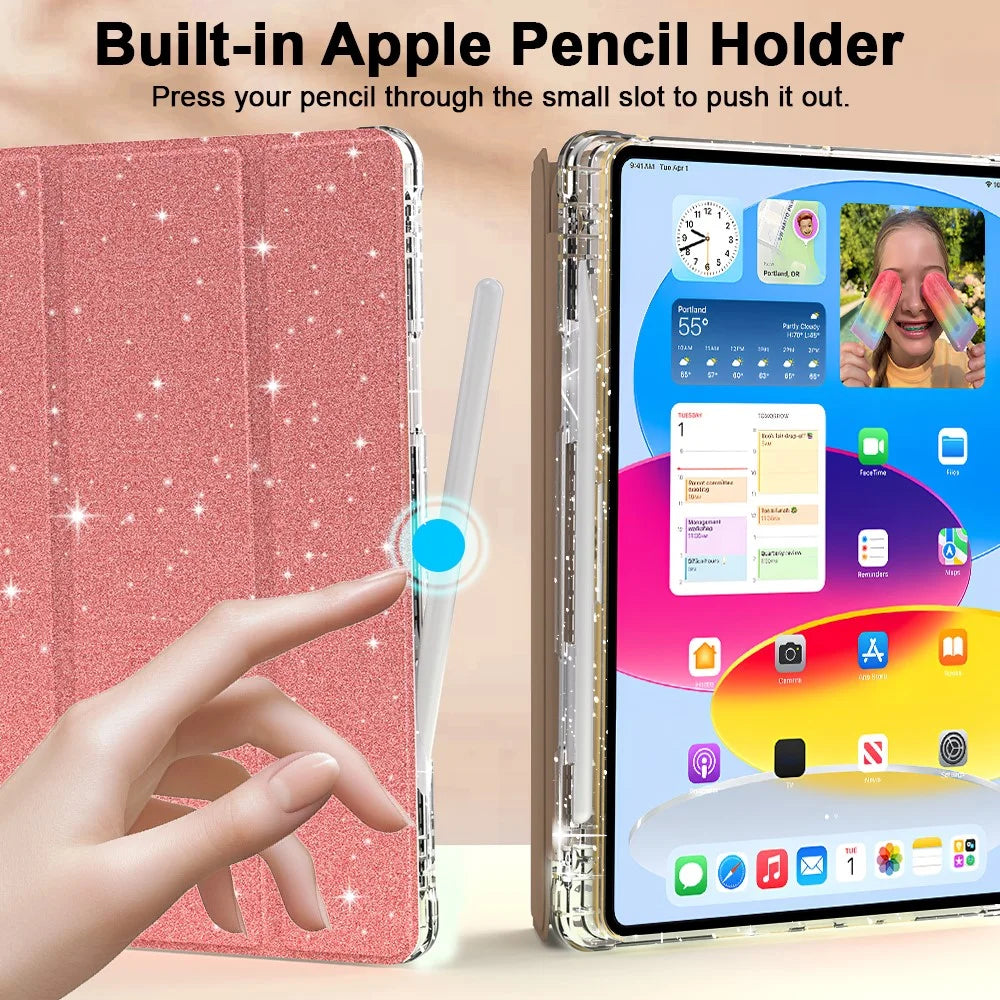 For iPad 10.2 (2021) / (2019) / (2020) Case with Pencil Slot Tri-Fold Stand Glitter Protective Tablet Cover - Rose Gold - 7