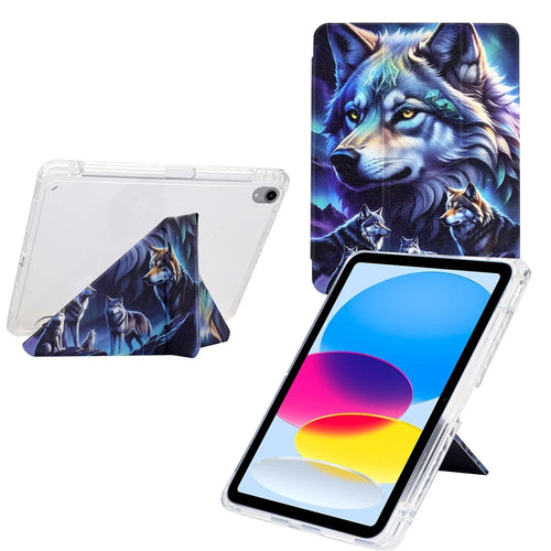 For iPad mini (2024) / (2021) Case Y-Fold Stand Pattern Print Leather + Clear Acrylic Tablet Cover with Pencil Holder - Phantom Wolf - 1