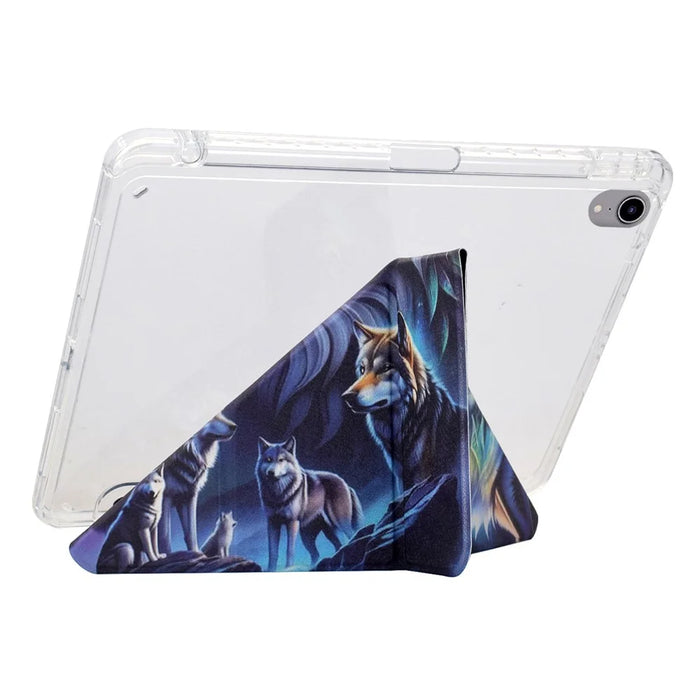 For iPad mini (2024) / (2021) Case Y-Fold Stand Pattern Print Leather + Clear Acrylic Tablet Cover with Pencil Holder - Phantom Wolf - 2
