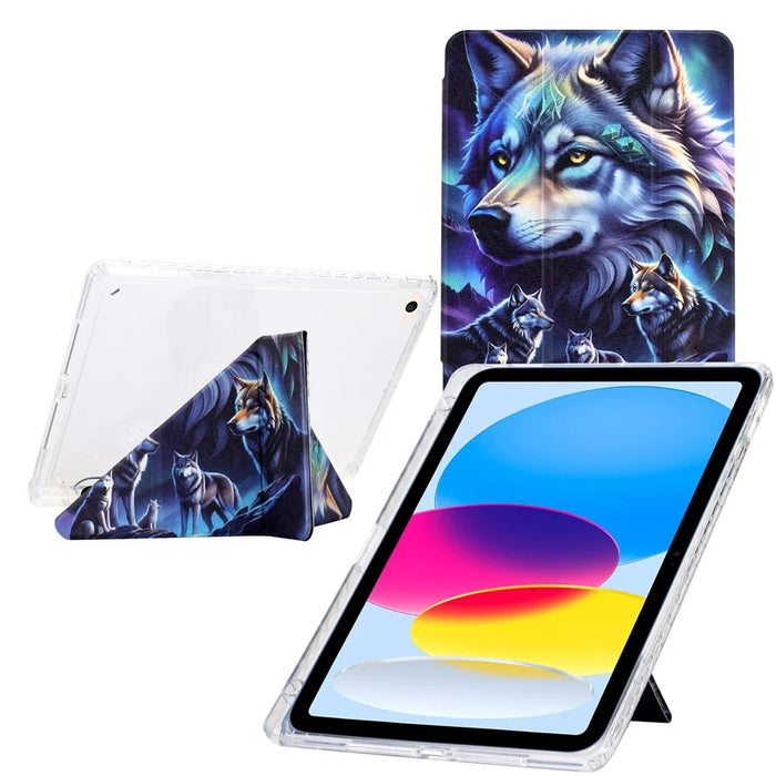 Tablet Case For iPad 9.7-inch (2018) / (2017) / Air 2 / Air (2013) , Y-Fold Stand Pattern Print Leather + Clear Acrylic Cover - Phantom Wolf - 1