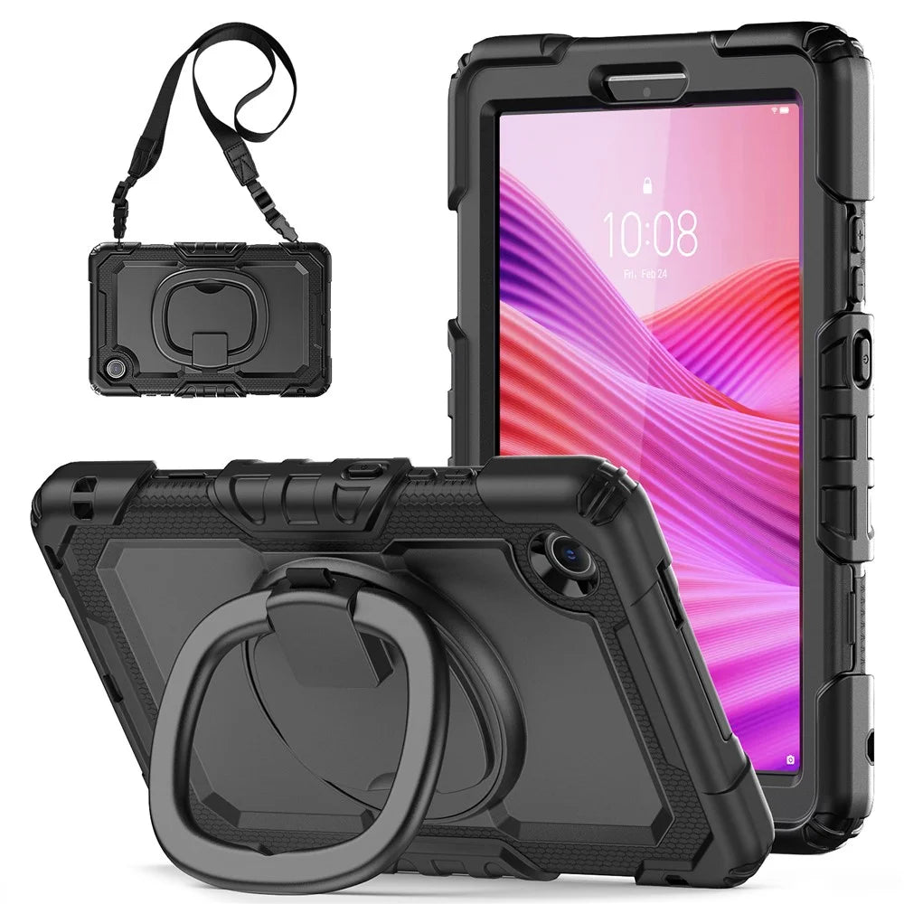 For Lenovo Tab K9 TB305FU Kickstand Case PC + Silicone Tablet Cover with Shoulder Strap - Black - 1