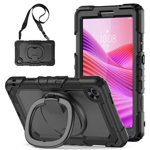 For Lenovo Tab K9 TB305FU Kickstand Case PC + Silicone Tablet Cover with Shoulder Strap - Black - 1