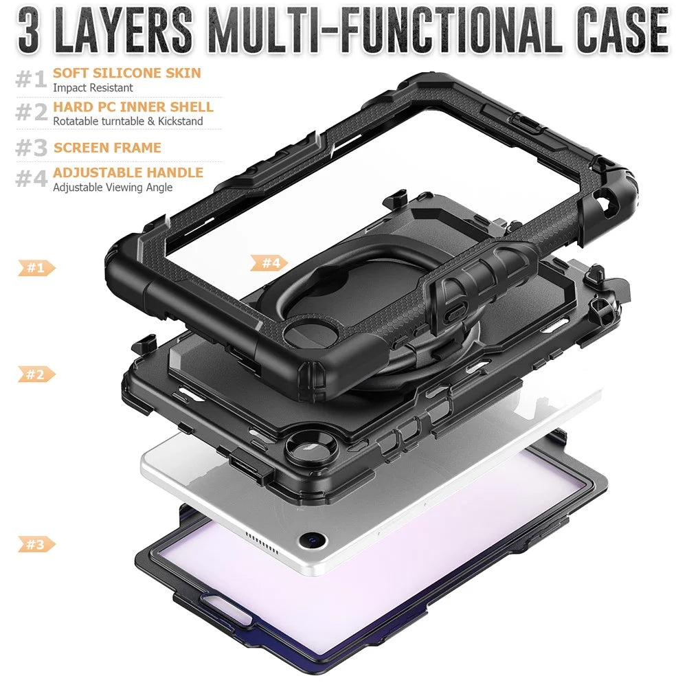 For Lenovo Tab K9 TB305FU Kickstand Case PC + Silicone Tablet Cover with Shoulder Strap - Black - 7