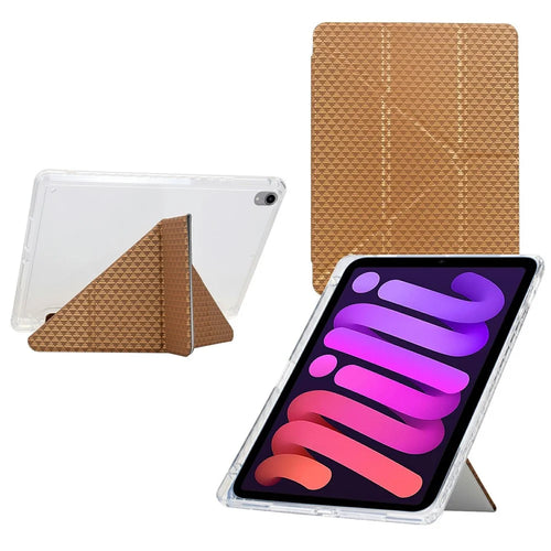 For iPad mini (2024) / (2021) Case Y-Fold Stand Pyramid-Patterned Leather + Clear Acrylic Tablet Cover with Pencil Holder - Gold - 1