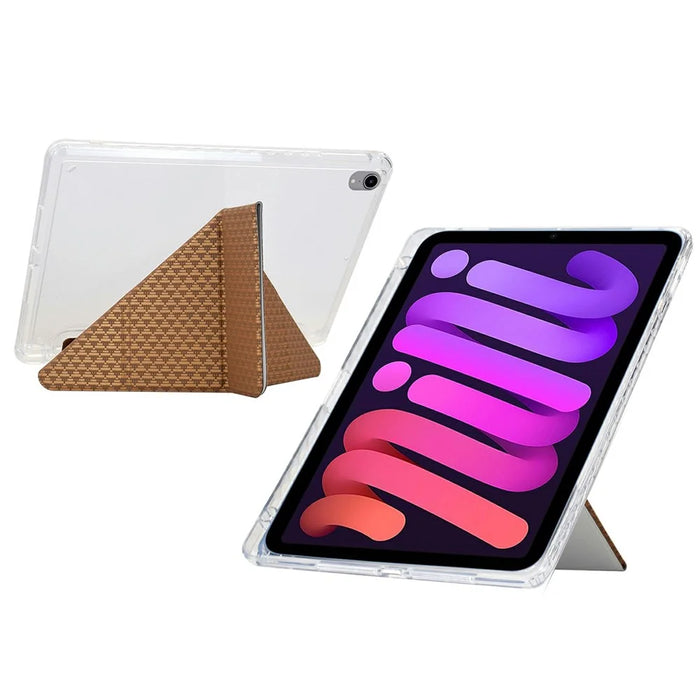 For iPad mini (2024) / (2021) Case Y-Fold Stand Pyramid-Patterned Leather + Clear Acrylic Tablet Cover with Pencil Holder - Gold - 3