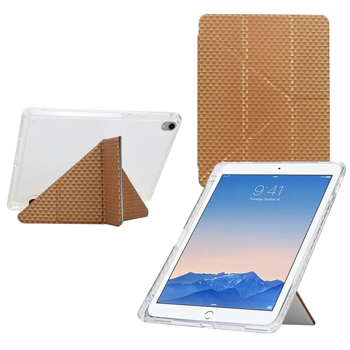 Tablet Case For iPad 9.7-inch (2018) / (2017) / Air 2 / Air (2013) , Y-Fold Stand Pyramid-Patterned Leather + Clear Acrylic Cover - Gold - 1