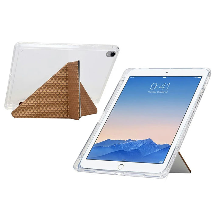 Tablet Case For iPad 9.7-inch (2018) / (2017) / Air 2 / Air (2013) , Y-Fold Stand Pyramid-Patterned Leather + Clear Acrylic Cover - Gold - 3