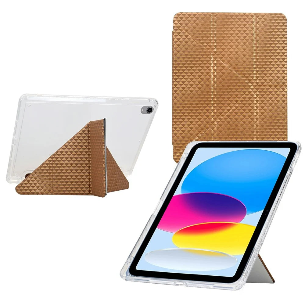 For iPad (2025) / 10.9 (2022) Case Y-Fold Stand Pyramid-Patterned Leather + Clear Acrylic Tablet Cover with Pencil Holder - Gold - 1