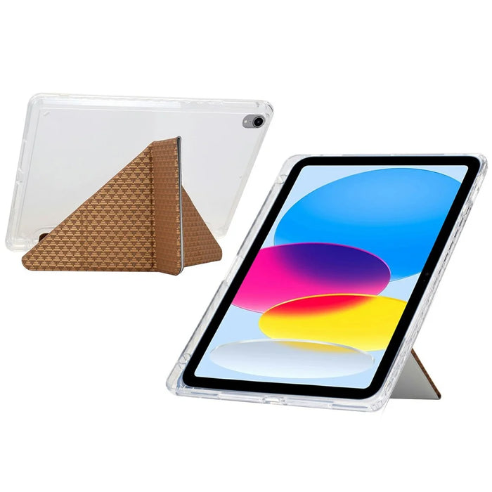 For iPad (2025) / 10.9 (2022) Case Y-Fold Stand Pyramid-Patterned Leather + Clear Acrylic Tablet Cover with Pencil Holder - Gold - 3
