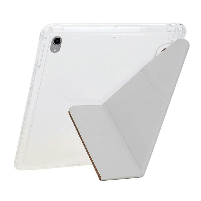 For iPad (2025) / 10.9 (2022) Case Y-Fold Stand Pyramid-Patterned Leather + Clear Acrylic Tablet Cover with Pencil Holder - Gold - 5