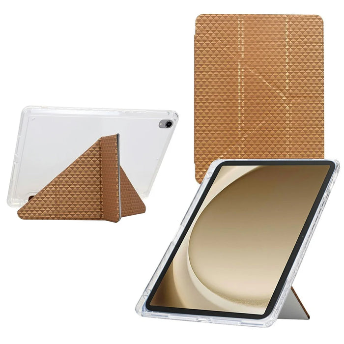 For Samsung Galaxy Tab A9+ Case Y-Fold Stand Pyramid-Patterned Leather + Clear Acrylic Tablet Cover with Pencil Holder - Gold - 1