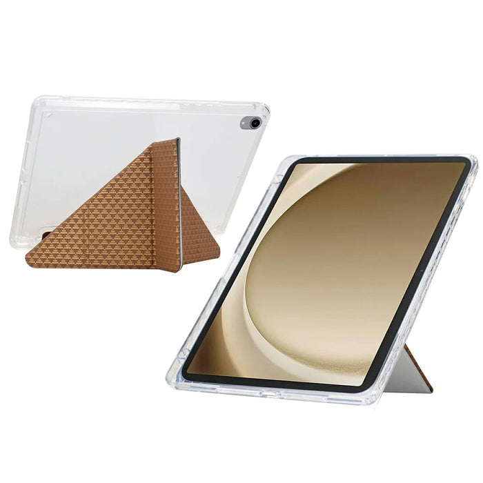 For Samsung Galaxy Tab A9+ Case Y-Fold Stand Pyramid-Patterned Leather + Clear Acrylic Tablet Cover with Pencil Holder - Gold - 3