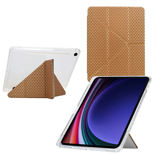 Tablet Case For Samsung Galaxy Tab S10 FE / Tab S9 FE / Tab S9 , Y-Fold Stand Pyramid-Patterned Leather + Clear Acrylic Cover with Pencil Holder - Gold - 1
