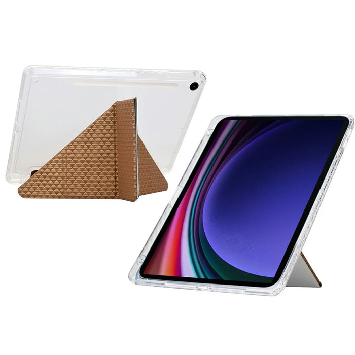 Tablet Case For Samsung Galaxy Tab S10 FE / Tab S9 FE / Tab S9 , Y-Fold Stand Pyramid-Patterned Leather + Clear Acrylic Cover with Pencil Holder - Gold - 3