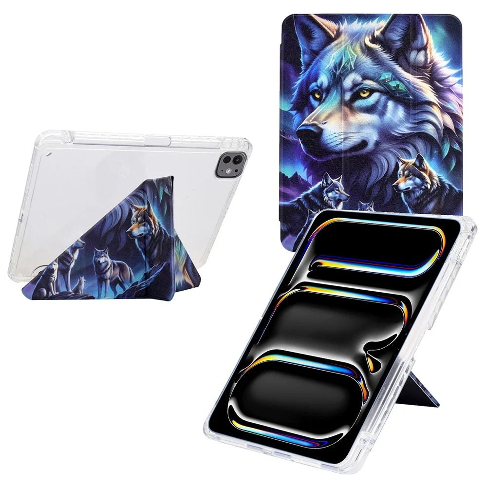 For iPad Pro 11 (2025) / (2024) Case Y-Fold Stand Pattern Print Leather + Clear Acrylic Tablet Cover with Pencil Holder - Phantom Wolf - 1