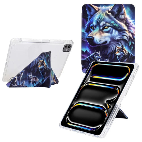 For iPad Pro 11 (2025) / (2024) Case Y-Fold Stand Pattern Print Leather + Clear Acrylic Tablet Cover with Pencil Holder - Phantom Wolf - 1