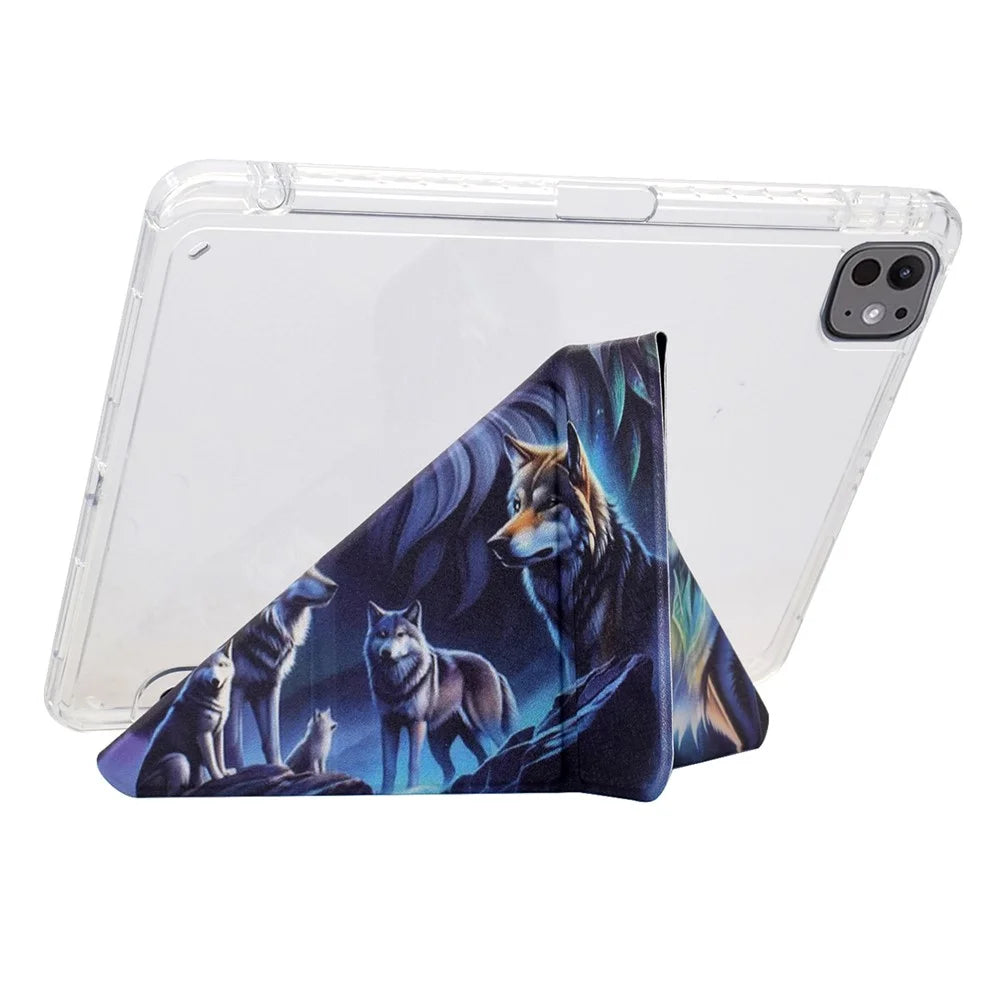 For iPad Pro 11 (2025) / (2024) Case Y-Fold Stand Pattern Print Leather + Clear Acrylic Tablet Cover with Pencil Holder - Phantom Wolf - 4