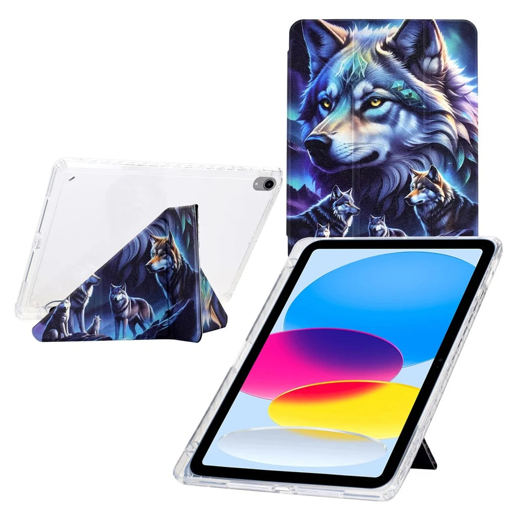 For iPad (2025) / 10.9 (2022) Case Y-Fold Stand Pattern Print Leather + Clear Acrylic Tablet Cover with Pencil Holder - Phantom Wolf - 1