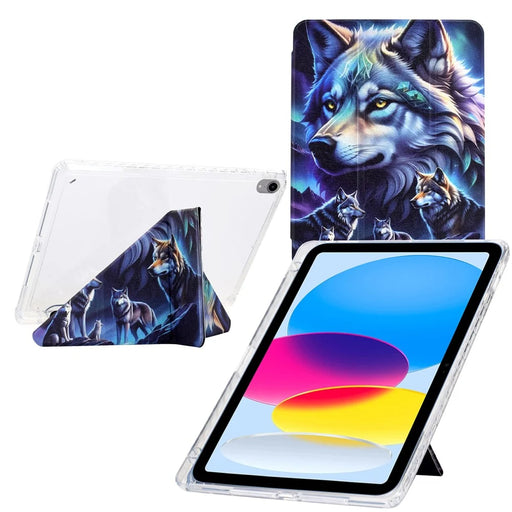 For iPad (2025) / 10.9 (2022) Case Y-Fold Stand Pattern Print Leather + Clear Acrylic Tablet Cover with Pencil Holder - Phantom Wolf - 1