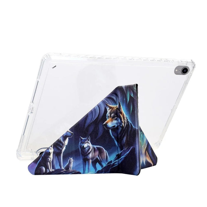 For iPad (2025) / 10.9 (2022) Case Y-Fold Stand Pattern Print Leather + Clear Acrylic Tablet Cover with Pencil Holder - Phantom Wolf - 4