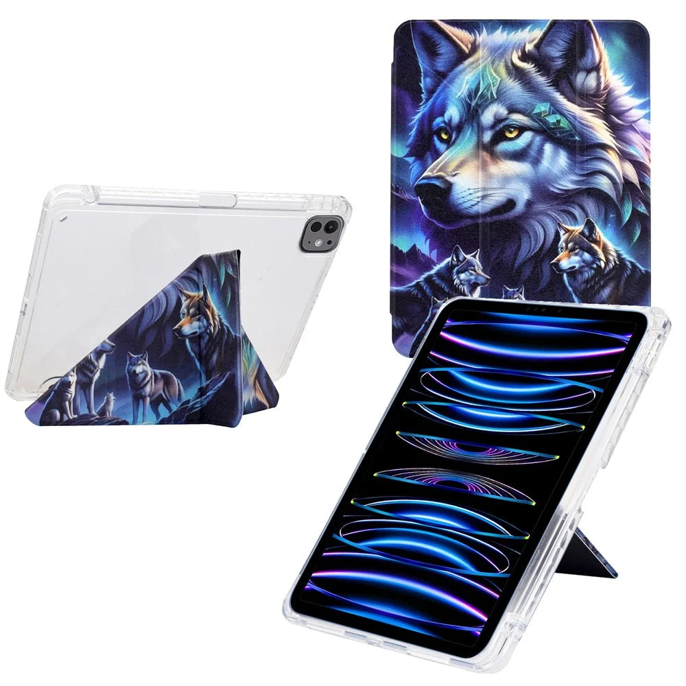 Tablet Case For iPad Pro 12.9 (2022) / (2021) / (2020) / (2018) , Stand Pattern Print Leather + Clear Acrylic Cover with Pencil Holder - Phantom Wolf - 1
