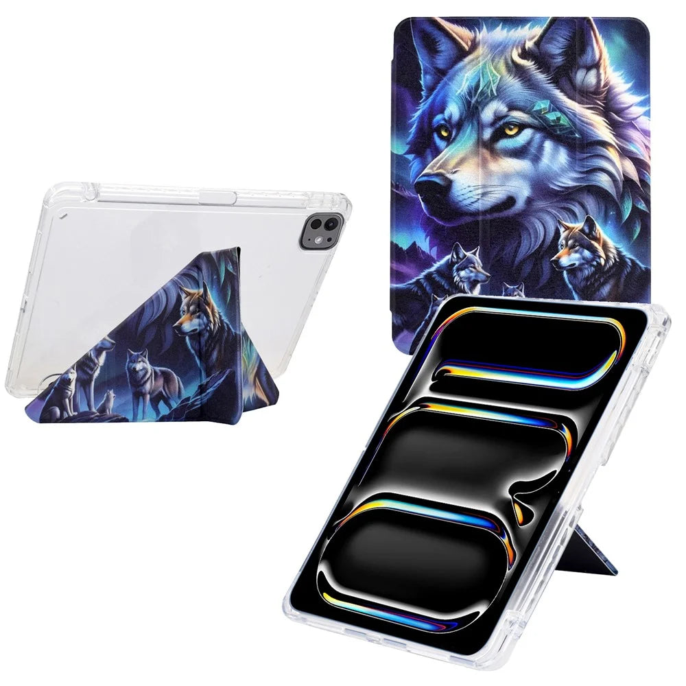 For iPad Pro 13 (2024) Case Y-Fold Stand Pattern Print Leather + Clear Acrylic Tablet Cover with Pencil Holder - Phantom Wolf - 1