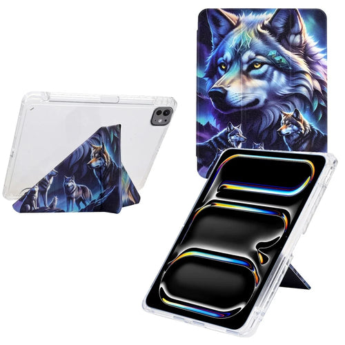 For iPad Pro 13 (2024) Case Y-Fold Stand Pattern Print Leather + Clear Acrylic Tablet Cover with Pencil Holder - Phantom Wolf - 1