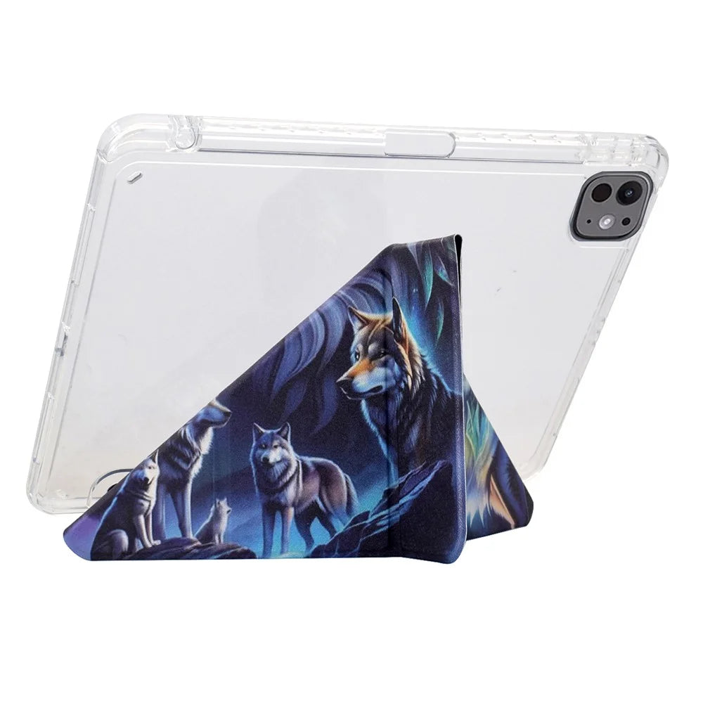 For iPad Pro 13 (2024) Case Y-Fold Stand Pattern Print Leather + Clear Acrylic Tablet Cover with Pencil Holder - Phantom Wolf - 4