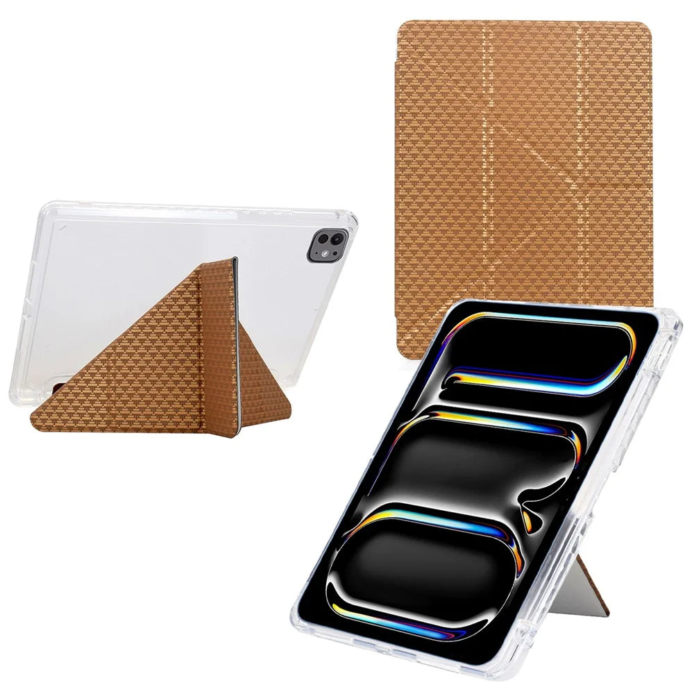For iPad Pro 11 (2025) / (2024) Case Y-Fold Stand Pyramid-Patterned Leather + Clear Acrylic Tablet Cover with Pencil Holder - Gold - 1