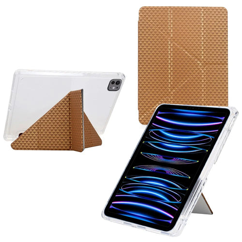 Tablet Case For iPad Pro 12.9 (2022) / (2021) / (2020) / (2018) , Y-Fold Stand Pyramid-Patterned Leather + Clear Acrylic Cover with Pencil Holder - Gold - 1