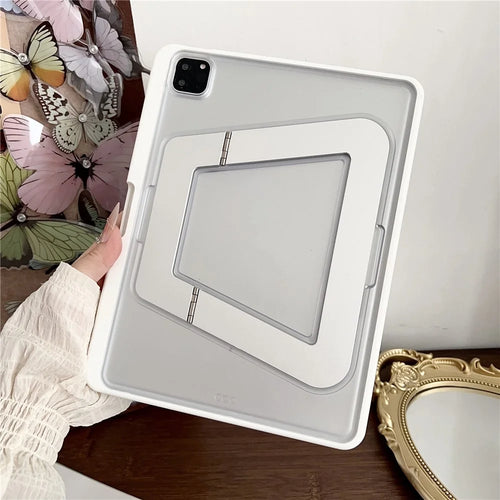 For iPad Air 11 (2026) / (2025) / (2024) Case with Pencil Holder Metal Foldable Kickstand TPU Acrylic Matte Tablet Cover - White - 1