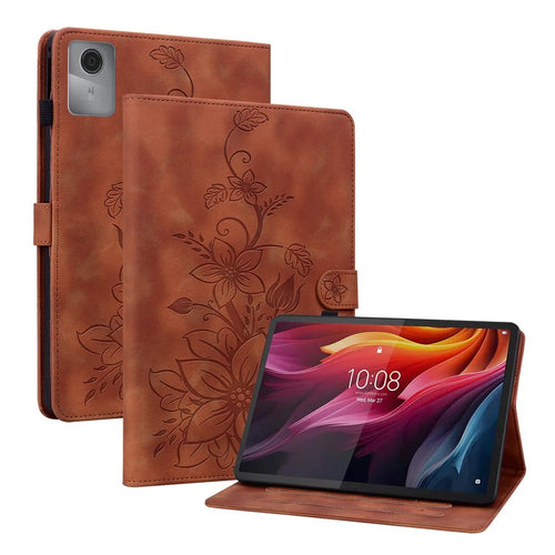 For Lenovo Tab K11 Gen 2 / Idea Tab / Xiaoxin Pad 11 2025 Case Lily Flower Imprint Card Slots Leather Tablet Cover - Brown - 1