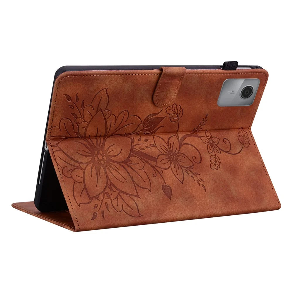 For Lenovo Tab K11 Gen 2 / Idea Tab / Xiaoxin Pad 11 2025 Case Lily Flower Imprint Card Slots Leather Tablet Cover - Brown - 3