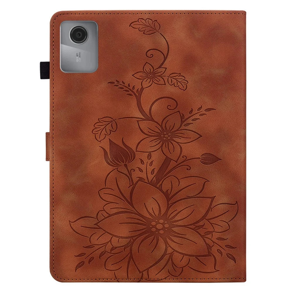 For Lenovo Tab K11 Gen 2 / Idea Tab / Xiaoxin Pad 11 2025 Case Lily Flower Imprint Card Slots Leather Tablet Cover - Brown - 5