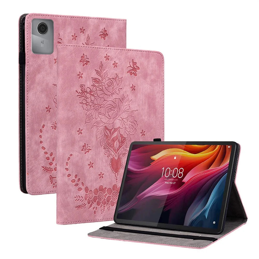 For Lenovo Tab K11 Gen 2 / Idea Tab / Xiaoxin Pad 11 2025 Case Card Holder Anti-Scratch Leather Cover Rose Flower Imprint - Pink - 1