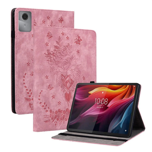 For Lenovo Tab K11 Gen 2 / Idea Tab / Xiaoxin Pad 11 2025 Case Card Holder Anti-Scratch Leather Cover Rose Flower Imprint - Pink - 1