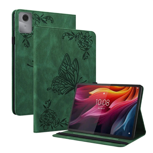 For Lenovo Tab K11 Gen 2 / Idea Tab / Xiaoxin Pad 11 2025 Case Butterfly Flower Imprint PU Leather Tablet Cover with Card Slots - Green - 1