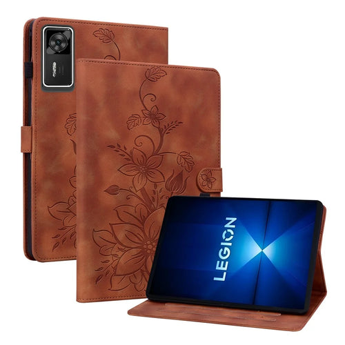 For Lenovo Legion Y700 Gen 4 Case Lily Flower Imprint Card Slots Leather Tablet Cover - Brown - 1