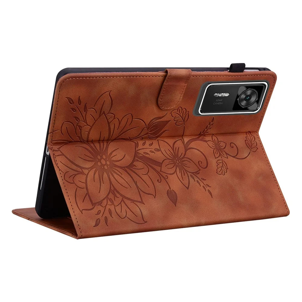 For Lenovo Legion Y700 Gen 4 Case Lily Flower Imprint Card Slots Leather Tablet Cover - Brown - 3